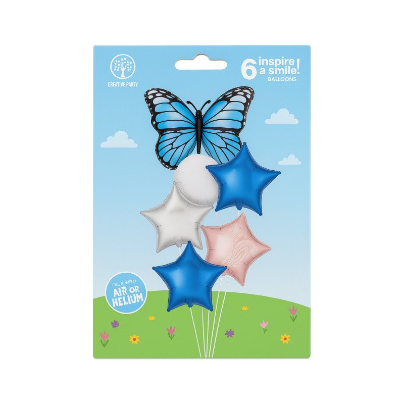 Kit 6 Ballons – Papillon Bleu & Étoiles Métalliques Kit 6 Ballons – Papillon Bleu & Étoiles Métalliques