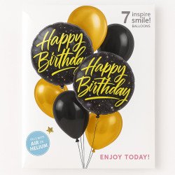 7 Happy Birthday Balloons – Black & Gold