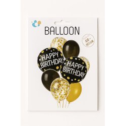 Happy Birthday Balloons – Black & Gold Confetti Set