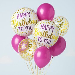 8 Happy Birthday Balloons – Pink & Confetti Elegant Party Set
