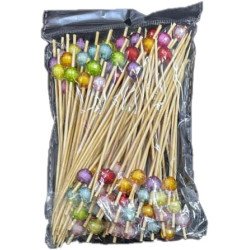 100 Wooden Cocktail Picks with Multicolor Beads – 12 cm