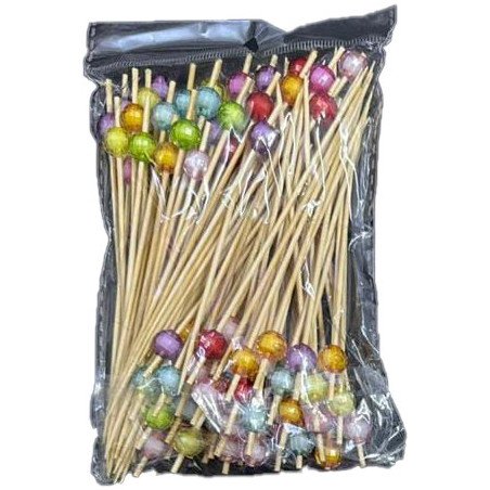 100 Wooden Cocktail Picks with Multicolor Beads – 12 cm