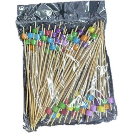 100  Wooden Cocktail Picks with Multicolor Cube Beads – 12 cm