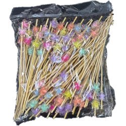100  Wooden Cocktail Picks with Multicolor Star Beads – 12 cm