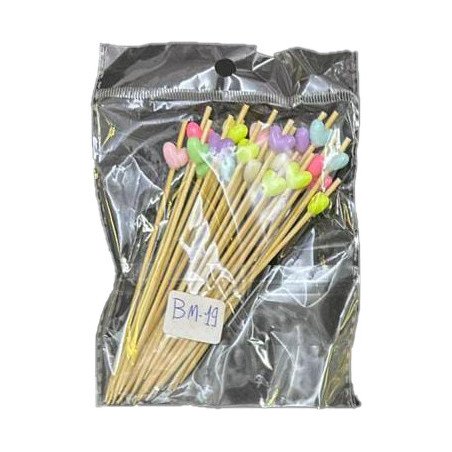50  Wooden Cocktail Picks with Multicolor Heart Beads – 12 cm