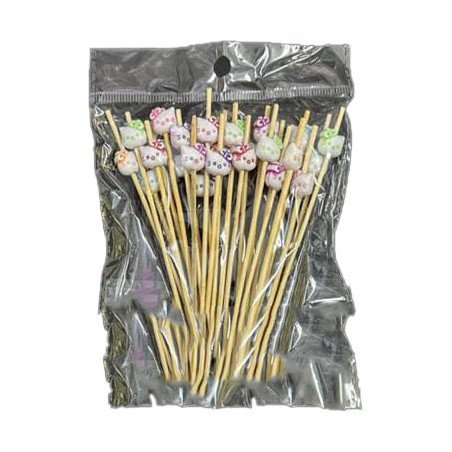 50 Wooden Cocktail Picks with Cute Cat Decorations – 12 cm