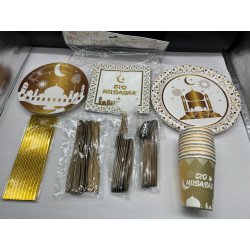 "Eid Mubarak" Disposable Tableware Pack – Gold & White – 80 Pieces