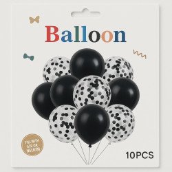 Pack of 10 Balloons – 5 Solid Black & 5 Black Confetti