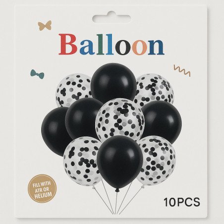 Pack of 10 Balloons – 5 Solid Black & 5 Black Confetti