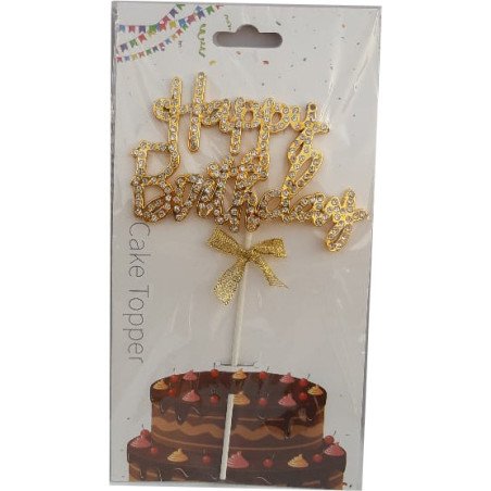 Cake Topper "Happy Birthday" Doré et Strass