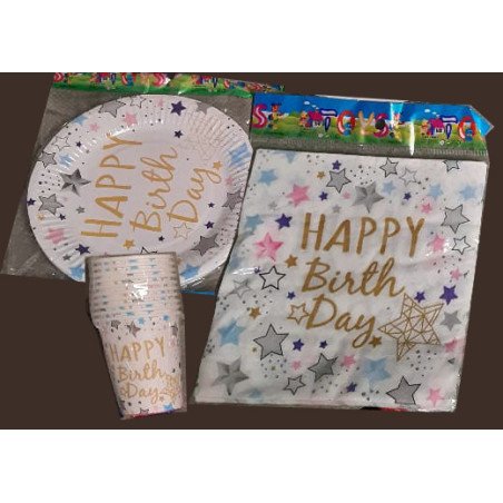 Pack de 30 Pièces Jetable "Happy Birthday" Blanc Étoiles Multicolores
