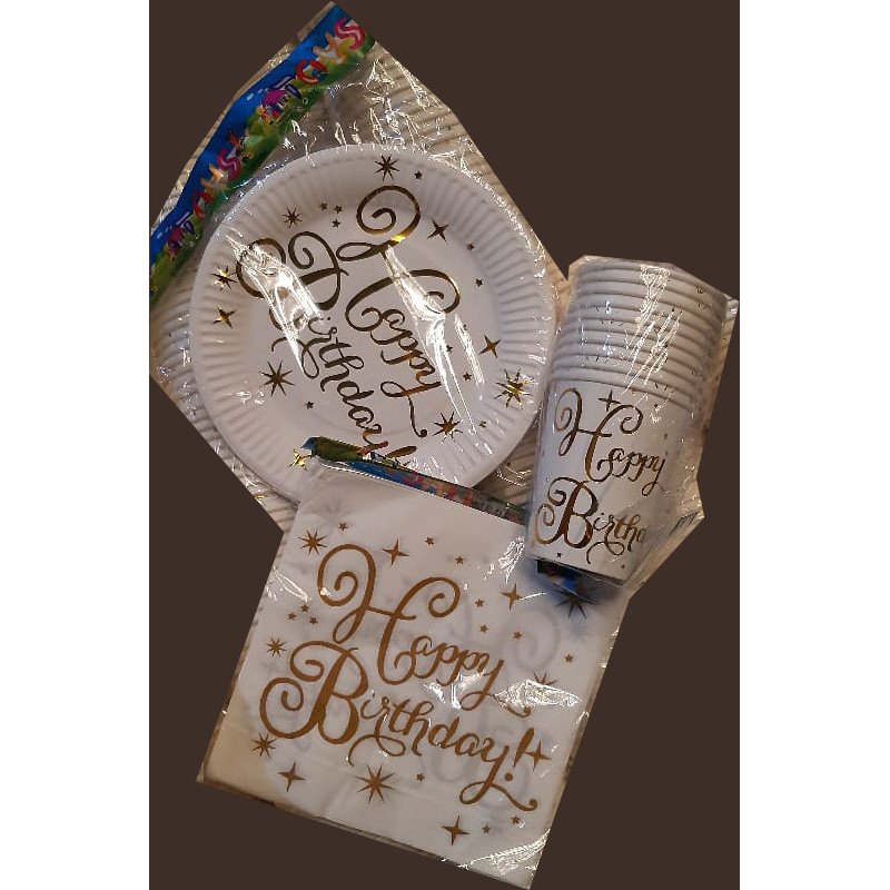 30-Piece Disposable "Happy Birthday" White and Gold Luxury Pack