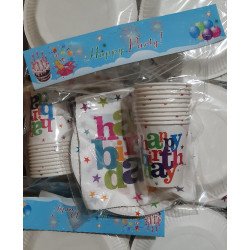 Pack de 30 Pièces Jetable "Happy Birthday" Blanc Multi-Motifs Colorés
