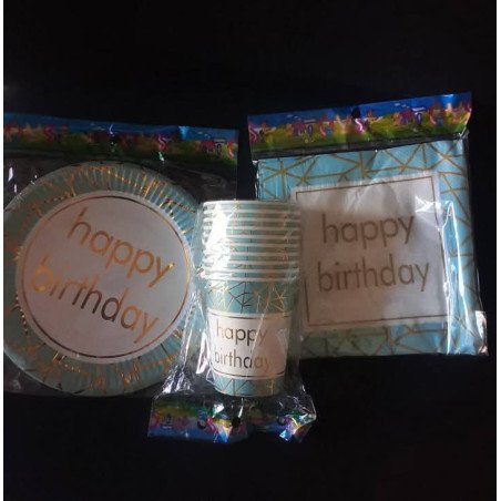 Pack de 30 Pièces Jetable "Happy Birthday" Bleu et Doré Géométrique