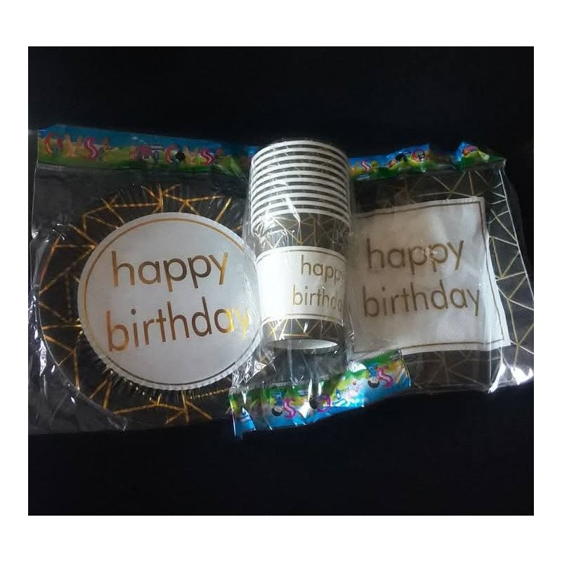 30-Piece Disposable "Happy Birthday" Black and Gold Geometric Pack